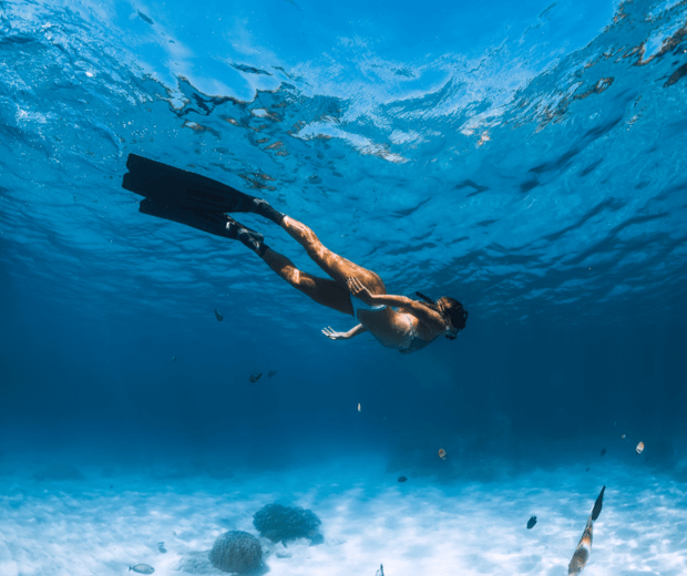 Female snorkeler swimming underwater with flippers